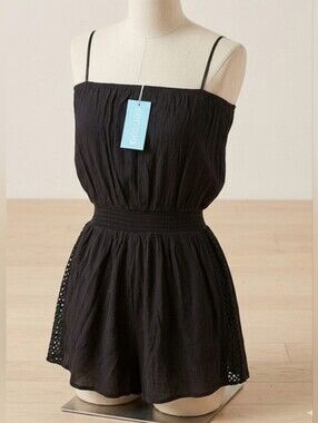 Black Smocked Waist Spaghetti Strap Romper.